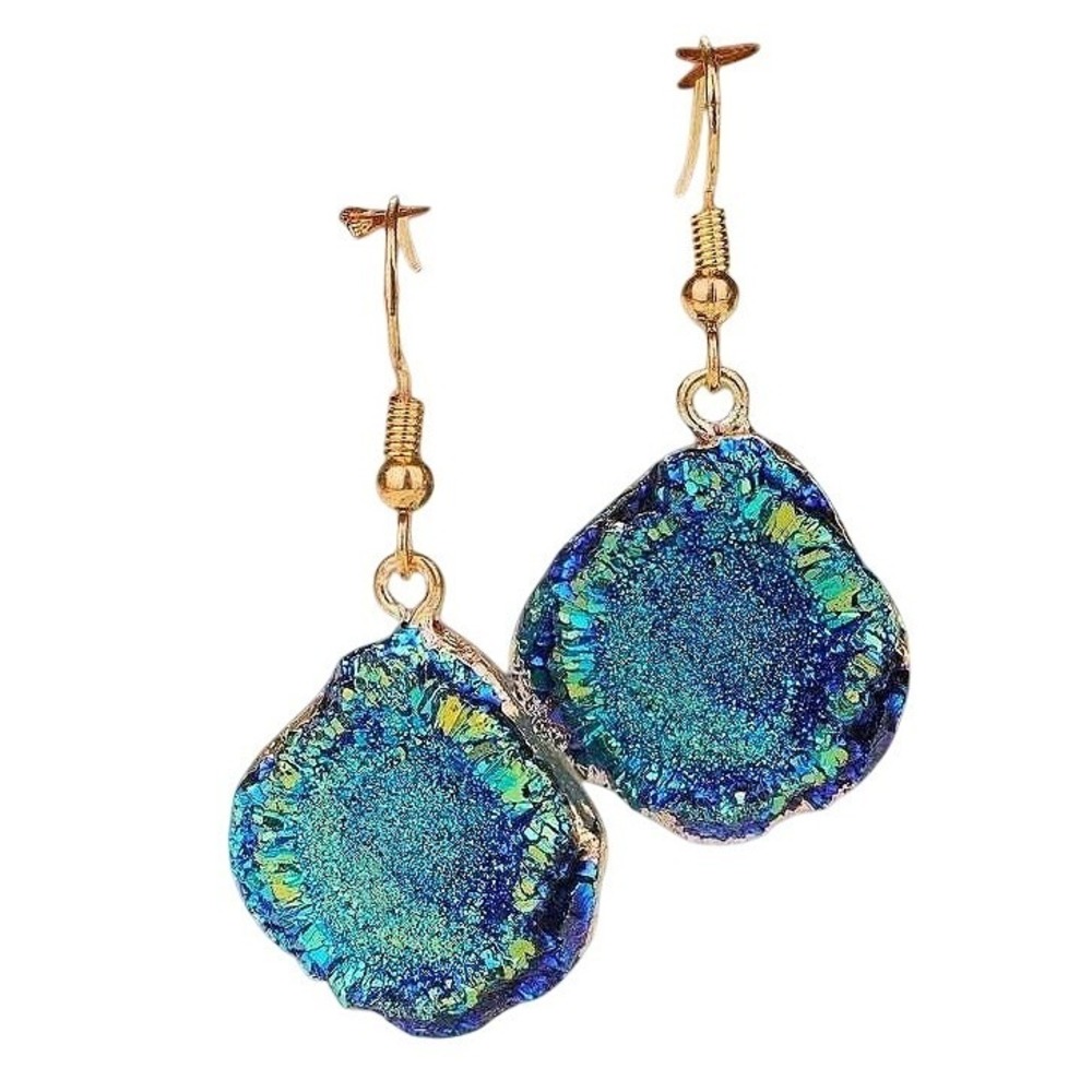 New‎ Natural Crystal Geode Blue Iridescent Gold Bezel Earrings Quartz Druzy